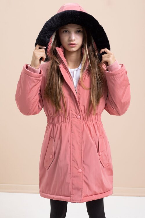 Gül Kurusu Çıtçıtlı Cepli Esnek Bel İçi Kürklü Kız Çocuk Kapüşonlu Mont 21309