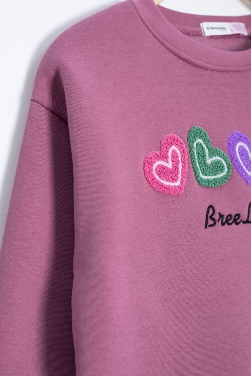 Gül Kurusu Kalp Nakışlı Bisiklet Yaka Kız Çocuk Şardonlu Sweatshirt 23254