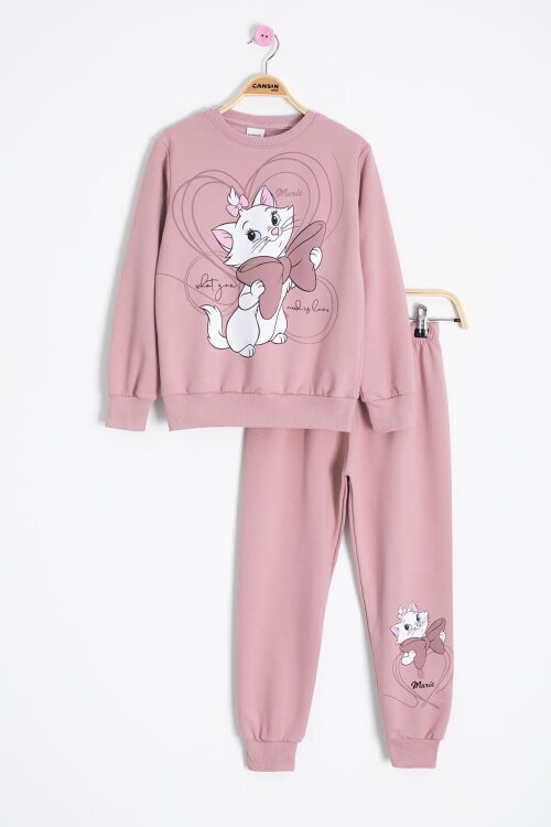 Gül Kurusu Sevimli Kedi Baskılı Kız Çocuk Eşofman Takımı 22761