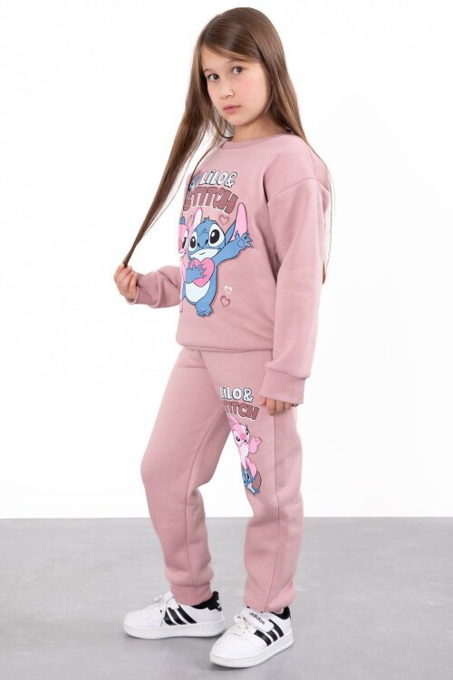 Gül Kurusu Sevimli Simli Karakter Baskı Şardonlu Kız Çocuk Eşofman Takım 23296