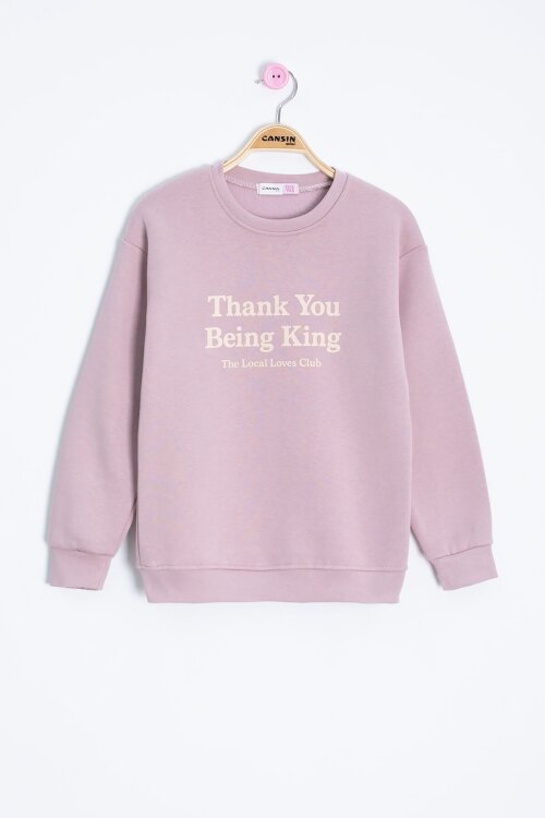 Gül Kurusu Yazı Baskılı Bisiklet Yaka Kız Çocuk Şardonlu Sweatshirt 23259