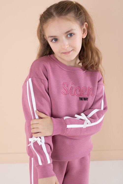 Gül Kurusu Yazı Nakışlı Şerit Detaylı Şardonlu Kız Çocuk Eşofman Takımı  23240