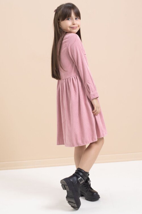 Gülkurusu Kız Çocuk Cep Detaylı Kadife Desenli Elbise 21549