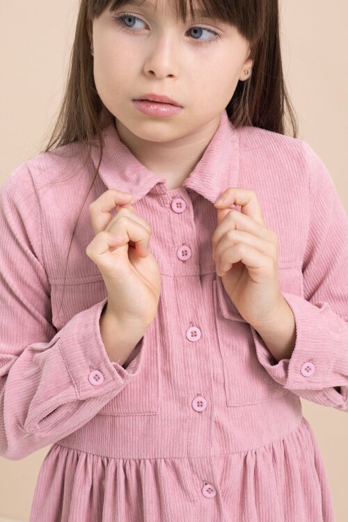 Gülkurusu Kız Çocuk Cep Detaylı Kadife Desenli Elbise 21549