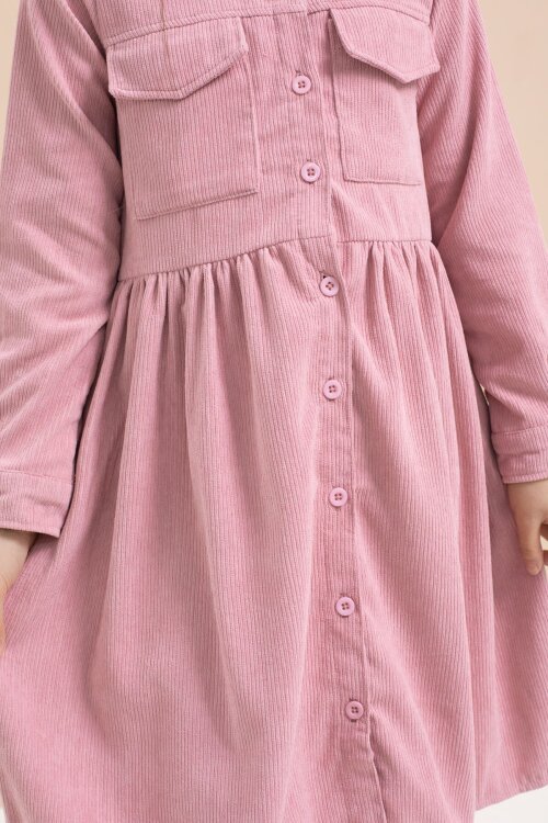 Gülkurusu Kız Çocuk Cep Detaylı Kadife Desenli Elbise 21549