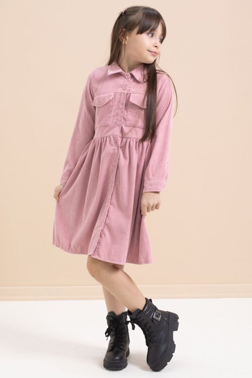 Gülkurusu Kız Çocuk Cep Detaylı Kadife Desenli Elbise 21549