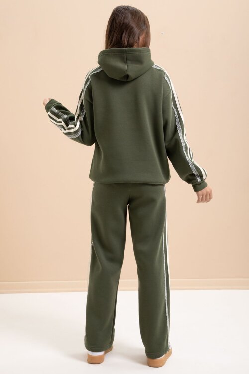 Haki 3 İplik Şardonlu Şeritli Dantel  Detaylı Kız Çocuk Kapüşonlu Eşofman Takımı  22722