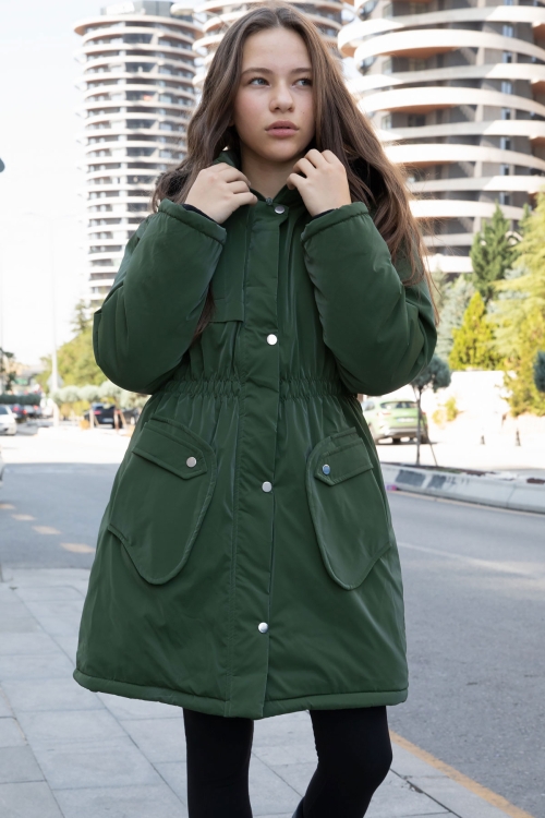 Haki Cep Detaylı İçi Kürklü Çıkarılabilir Kapüşonlu Kız Çocuk Şişme Mont 21338