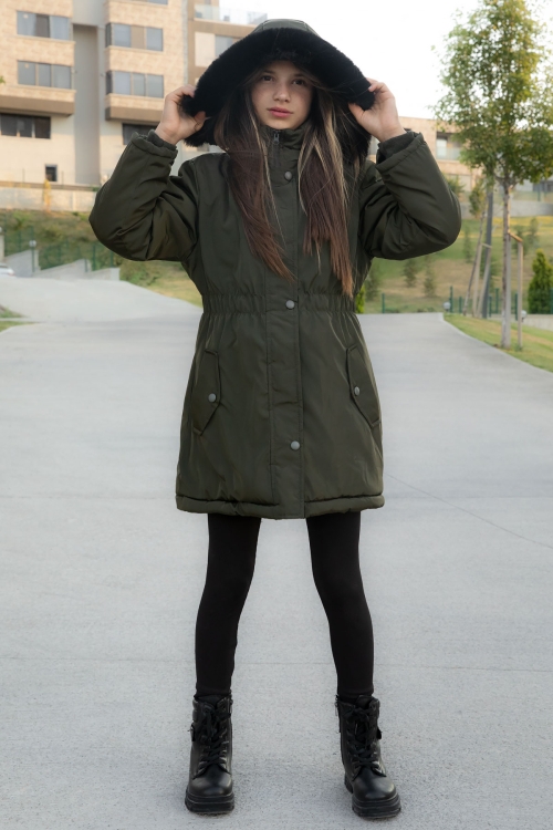 Haki Çıtçıtlı Cepli Esnek Bel İçi Kürklü Kız Çocuk Kapüşonlu Mont 21306