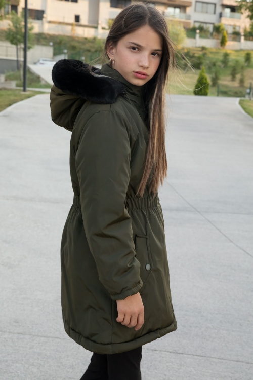 Haki Çıtçıtlı Cepli Esnek Bel İçi Kürklü Kız Çocuk Kapüşonlu Mont 21306