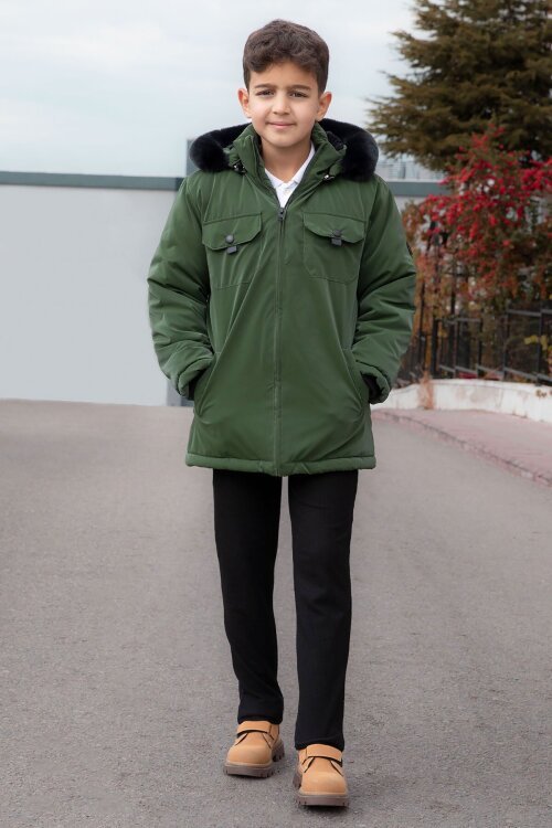Haki Çıtçıtlı Göğüs Cepli İçi Kürklü Erkek Çocuk Kapüşonlu Mont 21348