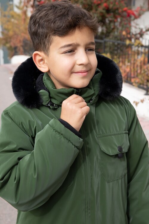 Haki Çıtçıtlı Göğüs Cepli İçi Kürklü Erkek Çocuk Kapüşonlu Mont 21348