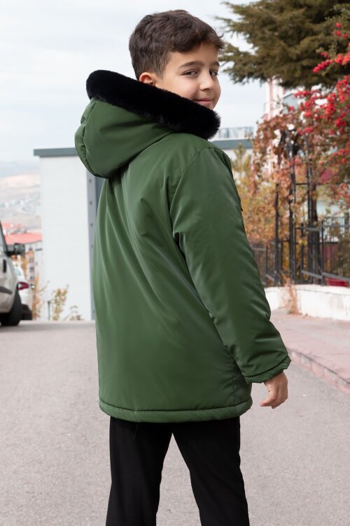 Haki Çıtçıtlı Göğüs Cepli İçi Kürklü Erkek Çocuk Kapüşonlu Mont 21348