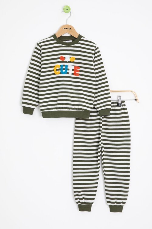 Haki Erkek Çocuk Cute Nakışlı Çizgili Şardonlu Eşofman Takımı 23311