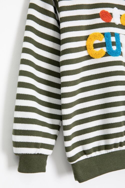 Haki Erkek Çocuk Cute Nakışlı Çizgili Şardonlu Eşofman Takımı 23311