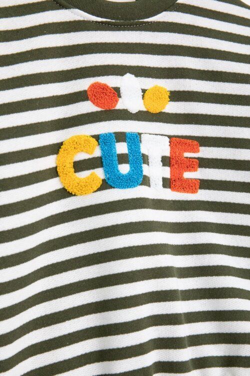 Haki Erkek Çocuk Cute Nakışlı Çizgili Şardonlu Eşofman Takımı 23311