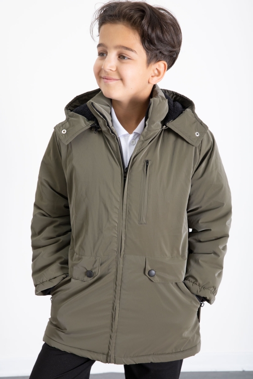 Haki Fermuarlı Göğüs Cepli İçi Kürklü Erkek Çocuk Kapüşonlu Mont 21370