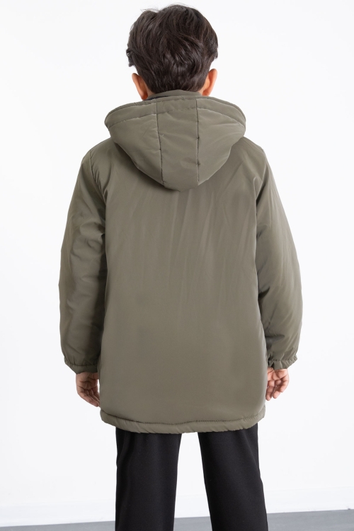 Haki Fermuarlı Göğüs Cepli İçi Kürklü Erkek Çocuk Kapüşonlu Mont 21370