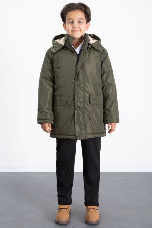 Haki İçi Kürklü Çıkarılabilir Kapüşonlu Basic Erkek Çocuk Şişme Mont 21438