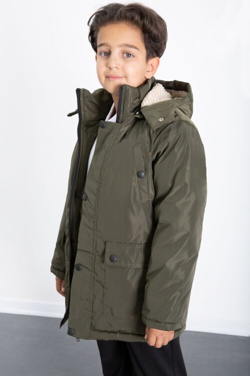 Haki İçi Kürklü Çıkarılabilir Kapüşonlu Basic Erkek Çocuk Şişme Mont 21438