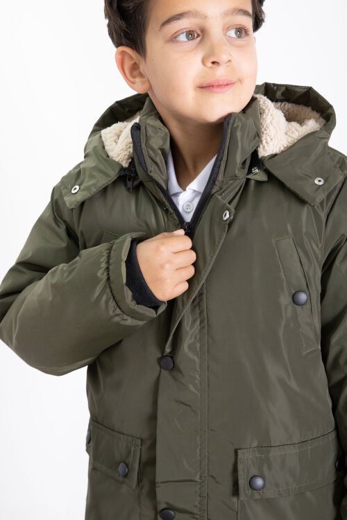 Haki İçi Kürklü Çıkarılabilir Kapüşonlu Basic Erkek Çocuk Şişme Mont 21438