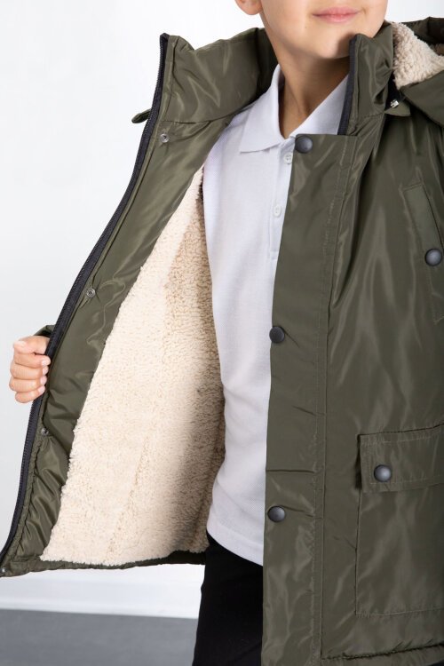 Haki İçi Kürklü Çıkarılabilir Kapüşonlu Basic Erkek Çocuk Şişme Mont 21438