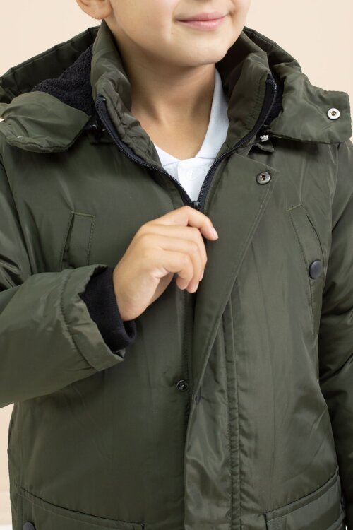 Haki İçi Kürklü Çıtçıtlı Cepli Uzun Kesim Erkek Çocuk Kapüşonlu Şişme Mont 21445