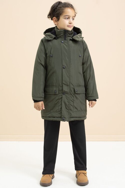 Haki İçi Kürklü Çıtçıtlı Cepli Uzun Kesim Erkek Çocuk Kapüşonlu Şişme Mont 21445