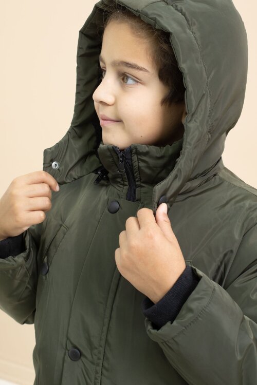 Haki İçi Kürklü Çıtçıtlı Cepli Uzun Kesim Erkek Çocuk Kapüşonlu Şişme Mont 21445