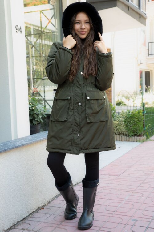 Haki Kapaklı Cepli İçi Kürklü Çıkarılabilir Kapüşonlu Kız Çocuk Şişme Mont 21481