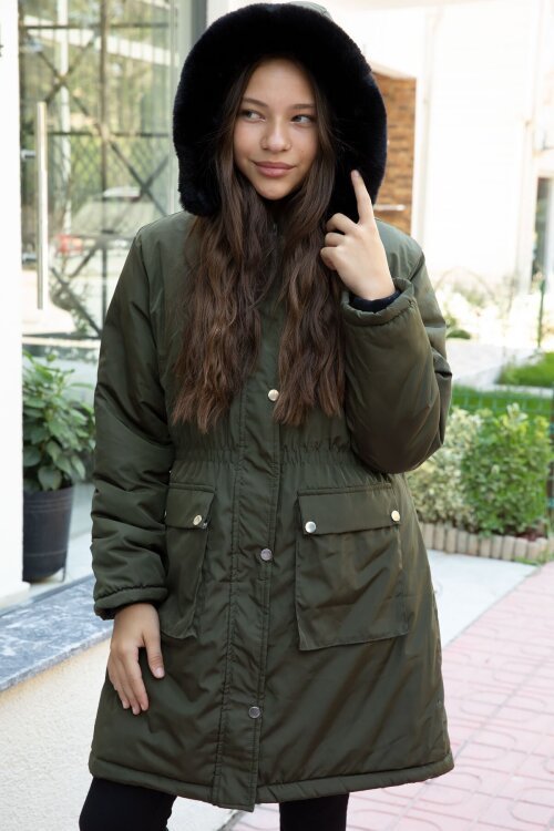 Haki Kapaklı Cepli İçi Kürklü Çıkarılabilir Kapüşonlu Kız Çocuk Şişme Mont 21481