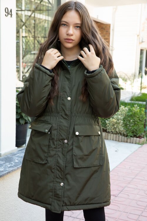 Haki Kapaklı Cepli İçi Kürklü Çıkarılabilir Kapüşonlu Kız Çocuk Şişme Mont 21481