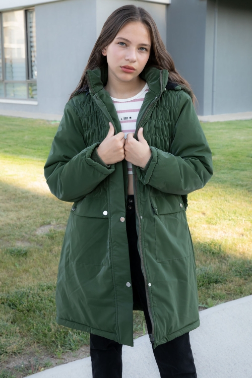 Haki Kemerli Nubuk Kumaş Kız Çocuk İçi Kürklü Kapüşonlu Şişme Mont 21313