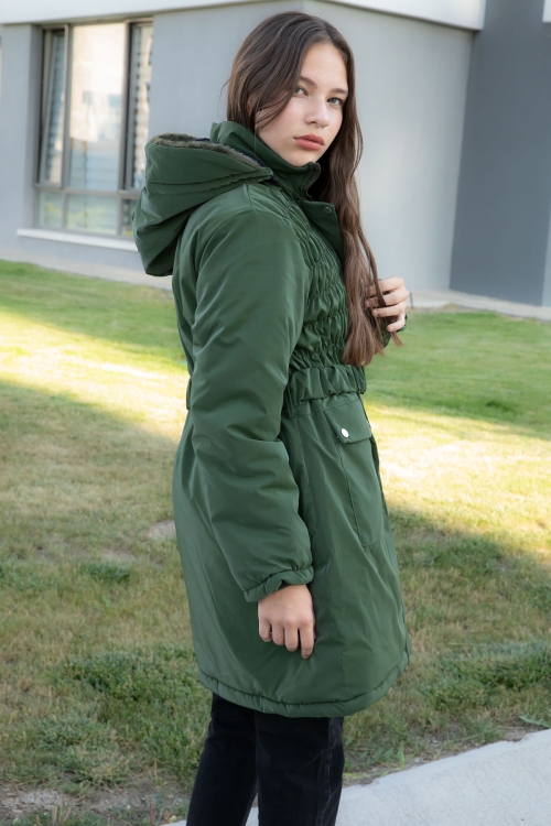 Haki Kemerli Nubuk Kumaş Kız Çocuk İçi Kürklü Kapüşonlu Şişme Mont 21313