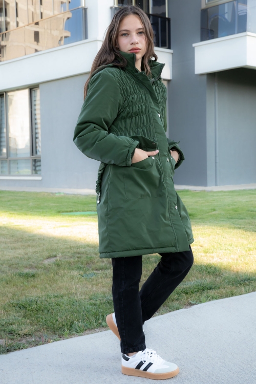 Haki Kemerli Nubuk Kumaş Kız Çocuk İçi Kürklü Kapüşonlu Şişme Mont 21313