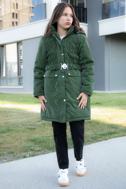 Haki Kemerli Nubuk Kumaş Kız Çocuk İçi Kürklü Kapüşonlu Şişme Mont 21313