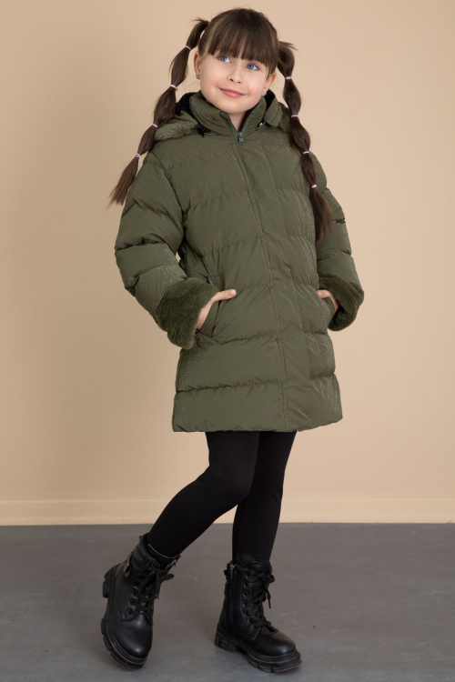 Haki Kolu Kürk Detaylı İçi Yünlü Kız Çocuk Kapüşonlu Şişme Mont 21328