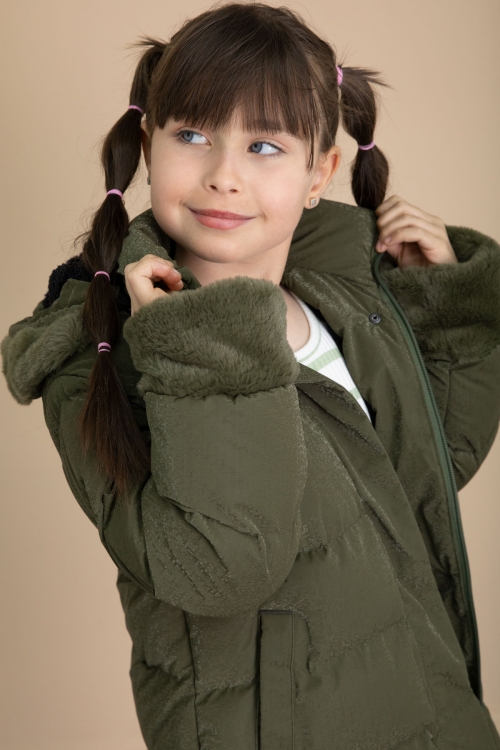 Haki Kolu Kürk Detaylı İçi Yünlü Kız Çocuk Kapüşonlu Şişme Mont 21328