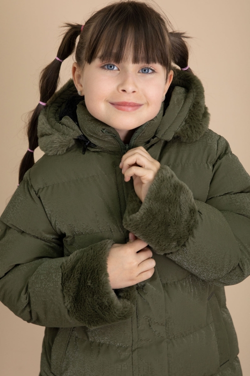 Haki Kolu Kürk Detaylı İçi Yünlü Kız Çocuk Kapüşonlu Şişme Mont 21328