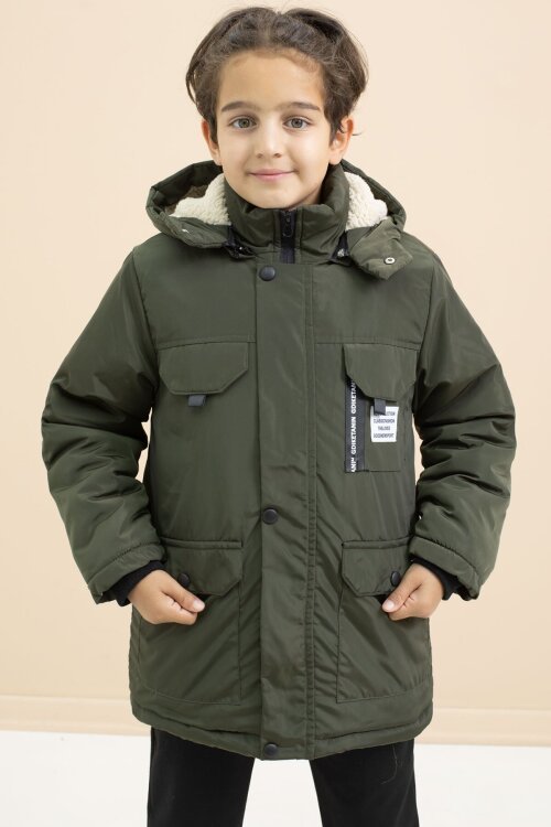 Haki Yazı Detaylı Göğüs Cepli İçi Kürklü Erkek Çocuk Kapüşonlu Mont 21476