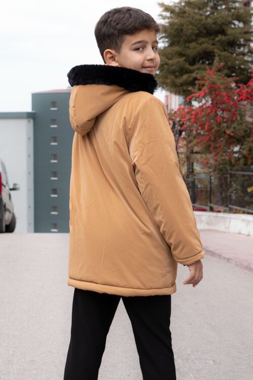 Hardal Çıtçıtlı Göğüs Cepli İçi Kürklü Erkek Çocuk Kapüşonlu Mont 21351