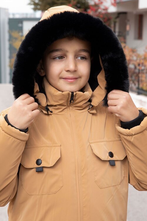 Hardal Çıtçıtlı Göğüs Cepli İçi Kürklü Erkek Çocuk Kapüşonlu Mont 21351