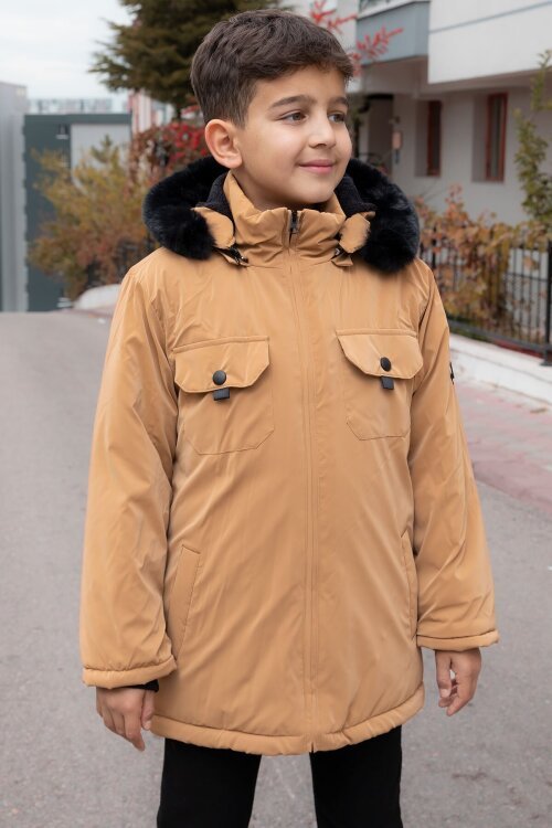 Hardal Çıtçıtlı Göğüs Cepli İçi Kürklü Erkek Çocuk Kapüşonlu Mont 21351