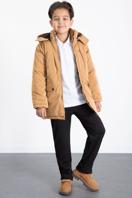 Hardal Fermuarlı Göğüs Cepli İçi Kürklü Erkek Çocuk Kapüşonlu Mont 21357