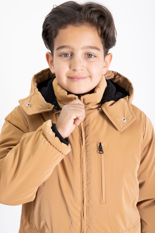 Hardal Fermuarlı Göğüs Cepli İçi Kürklü Erkek Çocuk Kapüşonlu Mont 21357