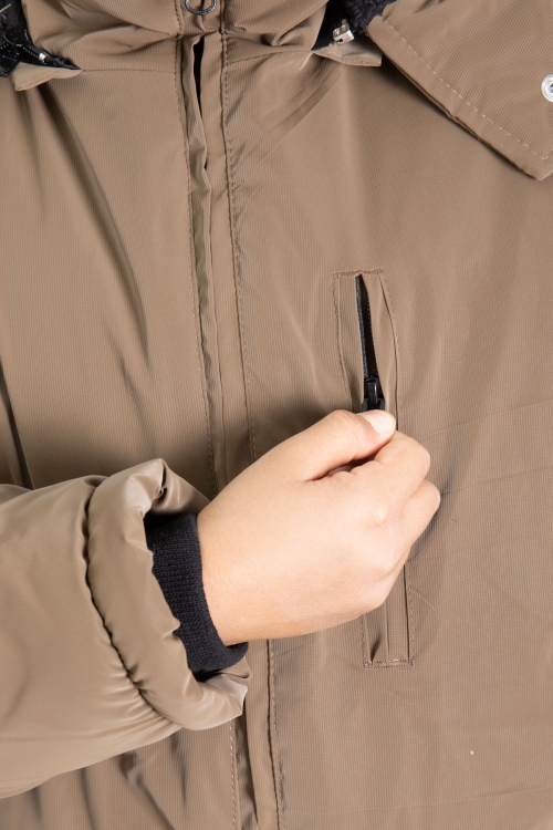 Kahve Fermuarlı Göğüs Cepli İçi Kürklü Erkek Çocuk Kapüşonlu Mont 21354