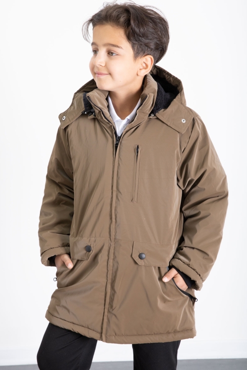 Kahve Fermuarlı Göğüs Cepli İçi Kürklü Erkek Çocuk Kapüşonlu Mont 21354