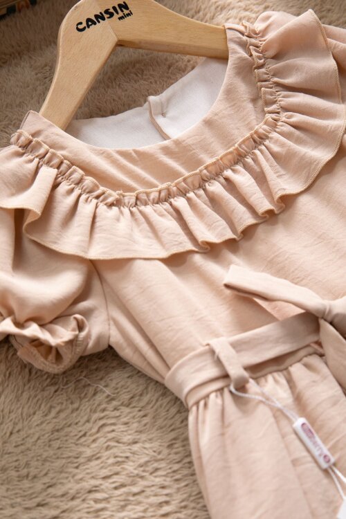 Kahve Fırfır Detaylı Kısa Kol Kız Çocuk Pileli Elbise 22672