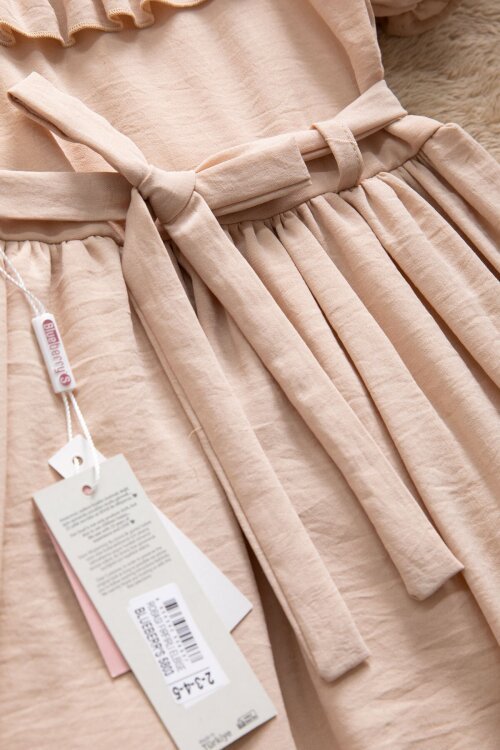 Kahve Fırfır Detaylı Kısa Kol Kız Çocuk Pileli Elbise 22672