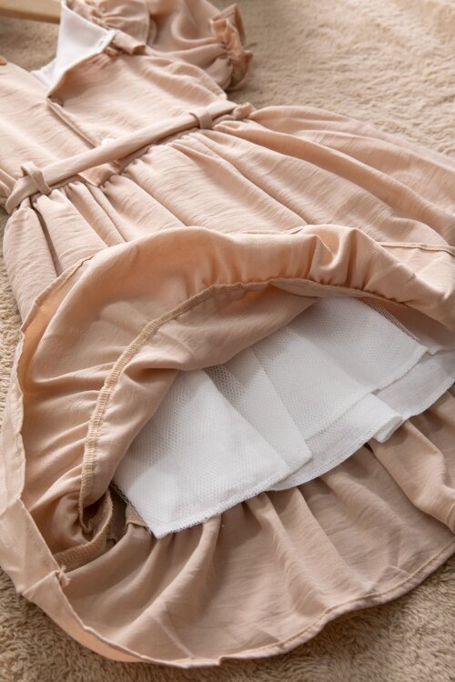 Kahve Fırfır Detaylı Kısa Kol Kız Çocuk Pileli Elbise 22672